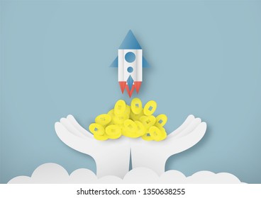 Vector illustration with start up concept in paper cut, craft and origami style. Rocket is flying on blue sky. Template design for web banner, poster, cover, advertisement. 3D art craft for kids .