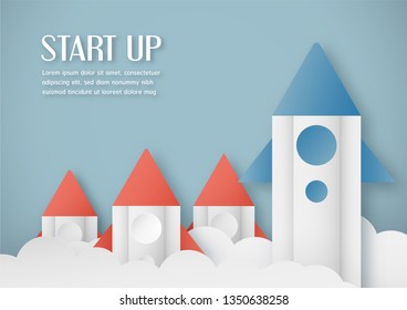 Vector illustration with start up concept in paper cut, craft and origami style. Rocket is flying on blue sky. Template design for web banner, poster, cover, advertisement. 3D art craft for kids .