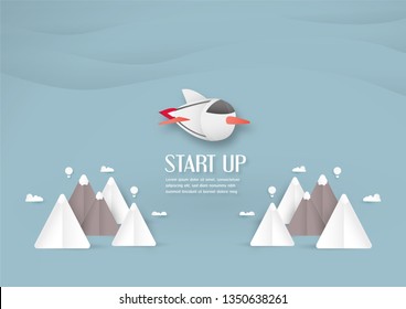 Vector illustration with start up concept in paper cut, craft and origami style. Rocket is flying on blue sky. Template design for web banner, poster, cover, advertisement. 3D art craft for kids .
