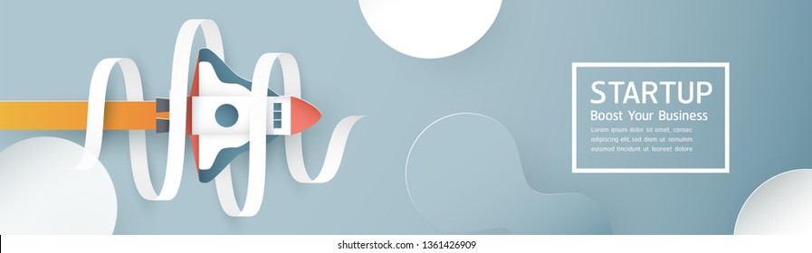 Vector illustration with start up concept in paper cut, craft and origami style. Rocket is flying on blue sky. Template design for web banner, poster, cover, advertisement. It's art craft for kids.