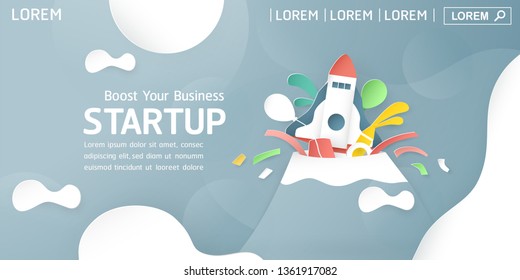 Vector illustration with Start Up concept in paper cut, craft and origami style. Rocket is on blue sky background. Template design for web banner, poster, cover, advertisement. Art craft for kid.