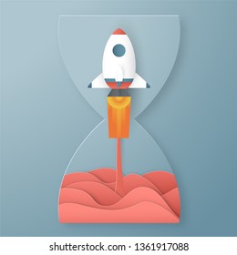 Vector illustration with Start Up concept in paper cut, craft and origami style. Rocket is on blue sky background. Template design for web banner, poster, cover, advertisement. Art craft for kid.