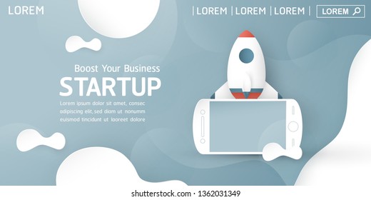 Vector illustration with Start Up concept in paper cut, craft and origami style. Rocket is on blue background. Template design for web banner, poster, cover, advertisement. Art craft for kid.