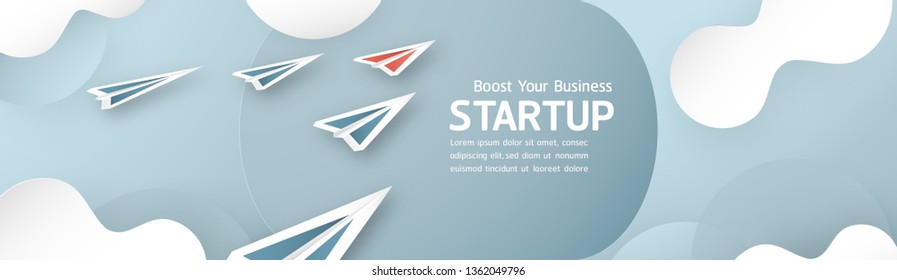 Vector illustration with Start Up concept in paper cut, craft and origami style. Paper plane is on blue sky background. Template design for web banner, poster, cover, advertisement. Art craft for kid.