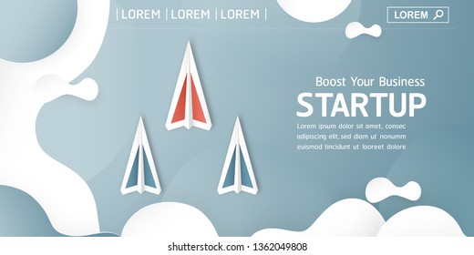 Vector illustration with Start Up concept in paper cut, craft and origami style. Paper plane is on blue sky background. Template design for web banner, poster, cover, advertisement. Art craft for kid.