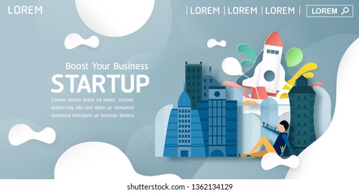 Vector illustration with Start Up concept in paper cut and craft style. Rocket is on blue sky background with city. Template design for web banner, poster, cover, advertisement. Art craft for kid.