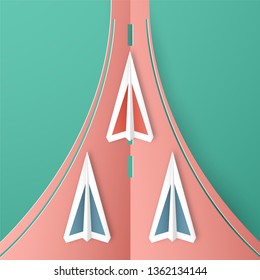 Vector illustration with Start Up concept in paper cut, craft and origami style. Rocket is on blue sky background. Template design for web banner, poster, cover, advertisement. Art craft for kid.