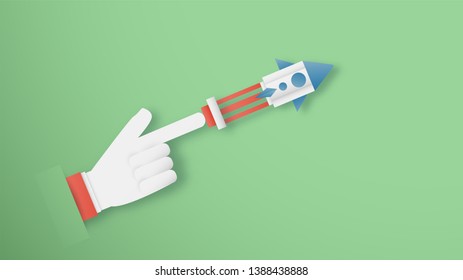 Vector illustration with Start Up concept in paper cut, craft and origami style. Rocket is on blue sky background. Template design for web banner, poster, cover, advertisement. Art craft for kid.