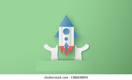 Vector illustration with Start Up concept in paper cut, craft and origami style. Rocket is on blue sky background. Template design for web banner, poster, cover, advertisement. Art craft for kid.