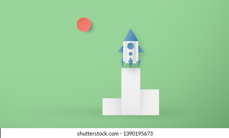 Vector illustration with start up concept in paper cut, craft and origami style.