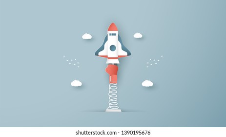 Vector illustration with Start Up concept in paper cut, craft and origami style. Rocket is on blue sky background. Template design for web banner, poster, cover, advertisement. Art craft for kid.