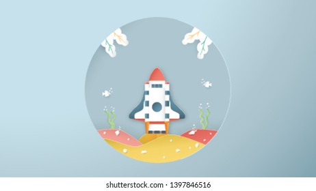 Vector illustration with Start Up concept in paper cut, craft and origami style. Rocket is in blue ocean background. Template design for web banner, poster, cover, advertisement. Art craft for kid.