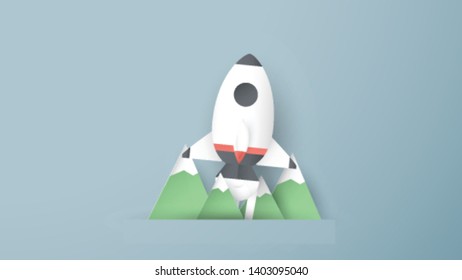 Vector illustration with Start Up concept in paper cut, craft and origami style. Rocket is on blue sky background. Template design for web banner, poster, cover, advertisement. Art craft for kid.