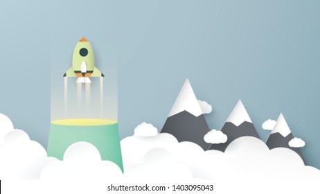 Vector illustration with Start Up concept in paper cut, craft and origami style. Rocket is on blue sky background. Template design for web banner, poster, cover, advertisement. Art craft for kid.