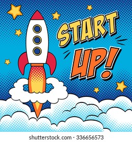 Vector illustration of start up concept with a rocket, clouds and stars. Comic background in pop art style