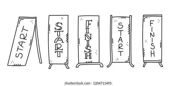 Vector illustration of start and finish line banners, streamers, flags for outdoor sport event - competition race, run marathon. Isolated doodle cartoon illustration. 