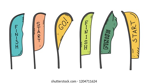 Vector illustration of start and finish line banners, streamers, flags for outdoor sport event - competition race, run marathon. Isolated doodle cartoon illustration. 
