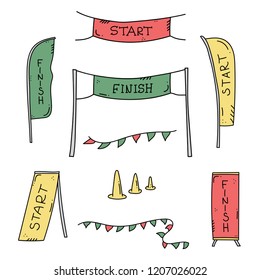 Vector illustration of start and finish line banners, streamers, flags for outdoor sport event - competition race, run marathon. Isolated doodle cartoon illustration. 