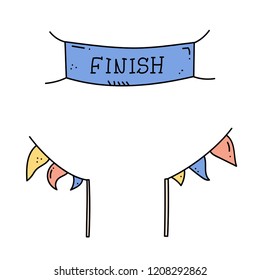 Vector illustration of start and finish line banners, streamers, flags for outdoor sport event - competition race, run marathon. Isolated doodle cartoon illustration. 