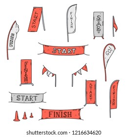 Vector illustration of start and finish line banners, streamers, flags for outdoor sport event - competition race, run marathon. Isolated doodle cartoon illustration. 