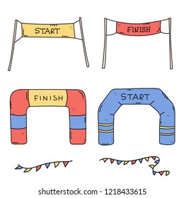 Vector illustration of start and finish line banners, streamers, inflatable balloon arch gate, flags for outdoor sport event - competition race, run marathon. Isolated doodle cartoon illustration. 