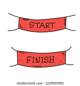 Vector illustration of start and finish line banners, streamers, flags for outdoor sport event - competition race, run marathon. Isolated doodle cartoon illustration. 