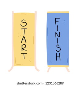 Vector illustration of start and finish line banners, streamers, flags for outdoor sport event - competition race, run marathon. Isolated doodle cartoon illustration. 