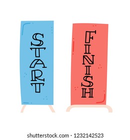 Vector illustration of start and finish line banners, streamers, flags for outdoor sport event - competition race, run marathon. Isolated doodle cartoon illustration. 