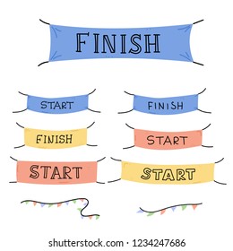Vector illustration of start and finish line banners, streamers, flags for outdoor sport event - competition race, run marathon. Isolated doodle cartoon illustration. 
