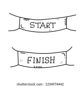 Vector illustration of start and finish line banners, streamers, flags for outdoor sport event - competition race, run marathon. Isolated doodle cartoon illustration. 
