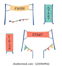 Vector illustration of start and finish line banners, streamers, flags for outdoor sport event - competition race, run marathon. Isolated doodle cartoon illustration. 