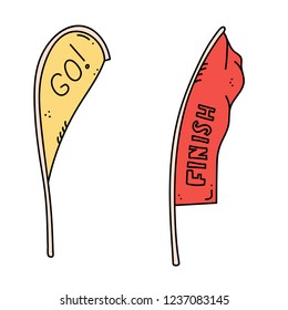 Vector illustration of start and finish line banners, streamers, flags for outdoor sport event - competition race, run marathon. Isolated doodle cartoon illustration. 