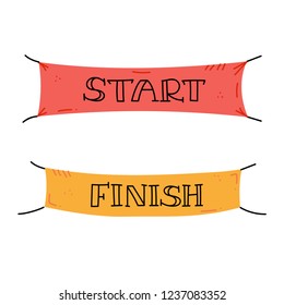 Vector illustration of start and finish line banners, streamers, flags for outdoor sport event - competition race, run marathon. Isolated doodle cartoon illustration. 