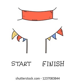 Vector illustration of start and finish line banners, streamers, flags for outdoor sport event - competition race, run marathon. Isolated doodle cartoon illustration. 