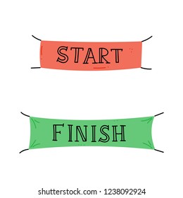 Vector illustration of start and finish line banners, streamers, flags for outdoor sport event - competition race, run marathon. Isolated doodle cartoon illustration. 