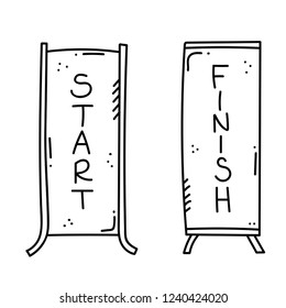 Vector illustration of start and finish line banners, streamers, flags for outdoor sport event - competition race, run marathon. Isolated doodle cartoon illustration. 