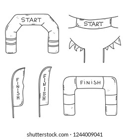 Vector illustration of start and finish line banners, streamers, inflatable balloon arch gate, flags for outdoor sport event - competition race, run marathon. Isolated doodle cartoon illustration. 
