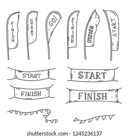 Vector illustration of start and finish line banners, streamers, flags for outdoor sport event - competition race, run marathon. Isolated doodle cartoon illustration. 