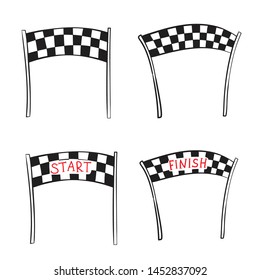 Vector illustration of start and finish line banners, streamers, arch gate, flags for outdoor sport event - competition race, run marathon. Isolated doodle cartoon illustration. 