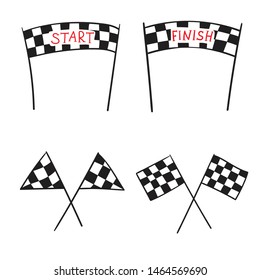 Vector illustration of start and finish line banners, streamers, arch gate, flags for outdoor sport event - competition race, run marathon. Isolated doodle cartoon illustration. 