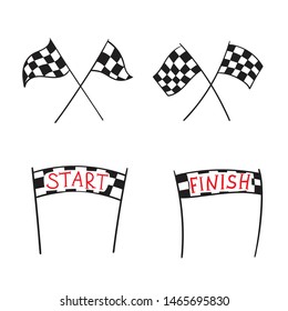 Vector illustration of start and finish line banners, streamers, arch gate, flags for outdoor sport event - competition race, run marathon. Isolated doodle cartoon illustration. 