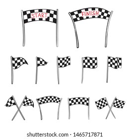 Vector illustration of start and finish line banners, streamers, arch gate, flags for outdoor sport event - competition race, run marathon. Isolated doodle cartoon illustration. 