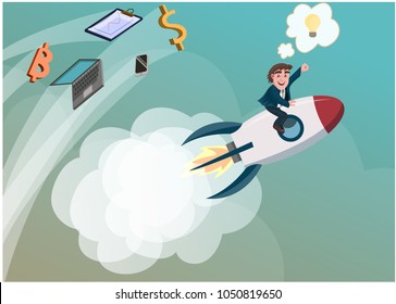 Vector illustration start up, man and rocket, design flat style image