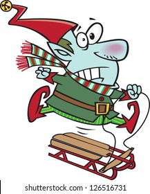 Vector illustration of startled elf sledding down hill on toboggan