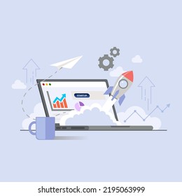 Vector Illustration - Startup business concept. Desktop web page with rocket and coffee cup.