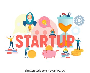 Vector illustration startup concept. Office workers and objects of office life in the concept of a new project, a successful undertaking, teamwork. 