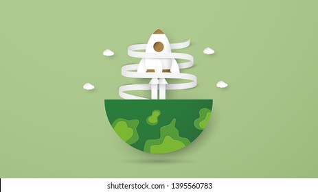Vector illustration with startup concept in paper cut, craft and origami style. Rocket fly on sky. Template design for web banner, poster, cover, Art craft for world environment day and business.