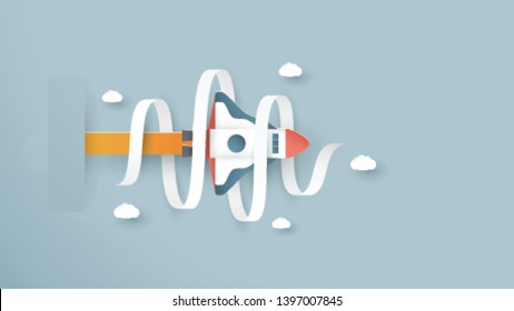 Vector illustration with startup concept in paper cut, craft and origami style. Rocket is flying on blue sky. Template design for web banner, poster, cover, advertisement. It's art craft for kids.