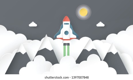 Vector illustration with Startup concept in paper cut, craft and origami style. Rocket is on blue sky background. Template design for web banner, poster, cover, advertisement. Art craft for kid.