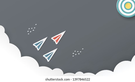 Vector illustration with Startup concept in paper cut, craft and origami style. Rocket is on blue sky background. Template design for web banner, poster, cover, advertisement. Art craft for kid.